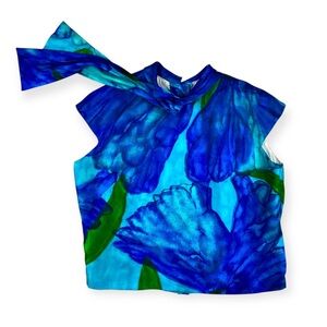 Malbe Vintage 1960s Blue & Green Floral Button Back Top